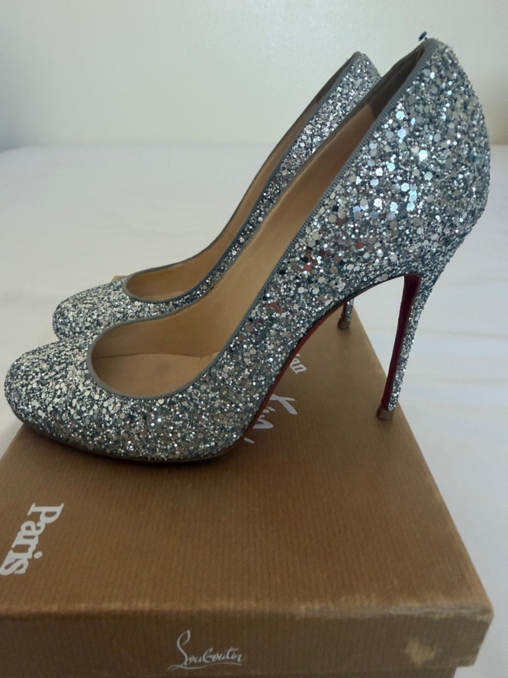 Christian Louboutin Silver Glitter Round-Toe Pumps - Picture 6 of 10